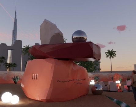 Mzllah - Mystic Mirage is an immersive Emirati-inspired coffee pop-up design by Studio Königshausen in Dubai, United Arab Emirates. Within a 9000 sqm space, desert landscapes are reimagined with vibrant colours, mirrors, and contemporary designs, offering an arty twist to traditional elements.